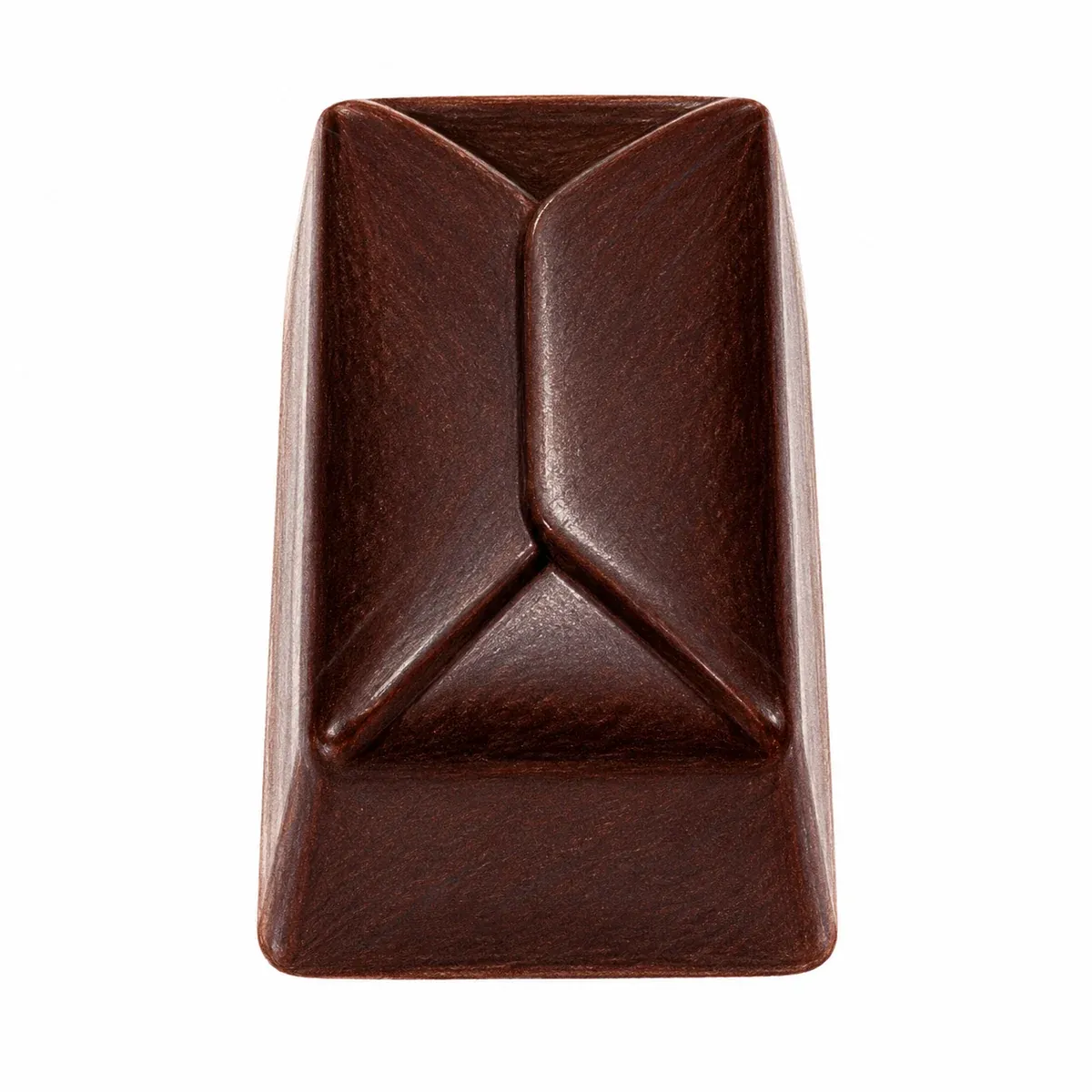 Praline artisanale rectangulaire en chocolat noir, garnie d’un caramel au beurre salé coulant.