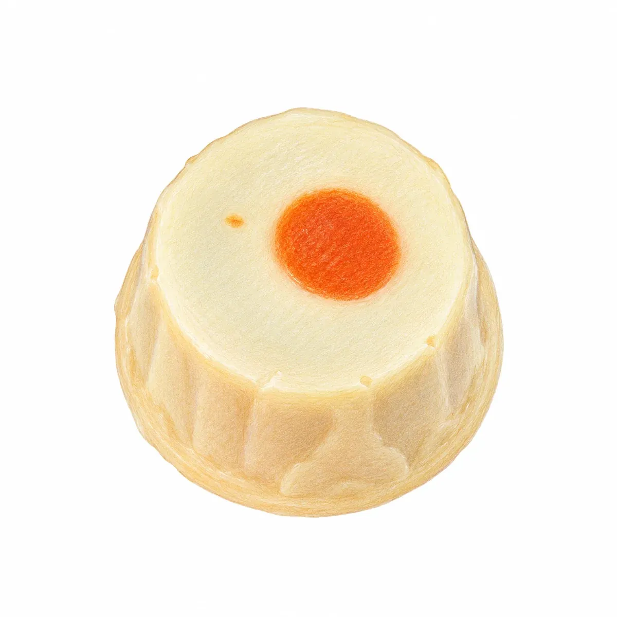 Praline artisanale en chocolat blanc, ronde et décorée d’un point orangé, garnie d’une ganache au chocolat noir, à la mangue et au fruit de la passion.