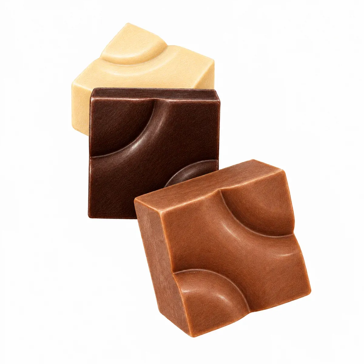 Trois pralines artisanales géométriques illustrant les versions chocolat blanc, chocolat noir et chocolat au lait de la création du moment.